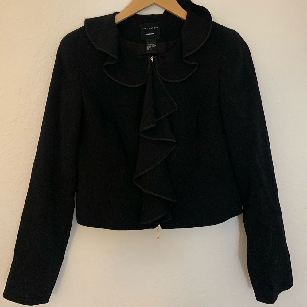 Doncaster Collection 100% Wool Ruffle Zip Up Blazer Jacket